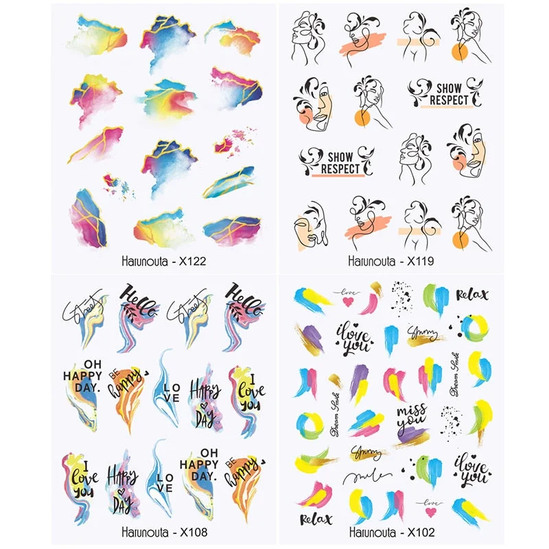 Harunouta 4pcs Geometry Color Wave Line Water Decals Stickers Flower Leaves Slider For Nails Spring Summer Nail Art Decorations-Nail Inspo