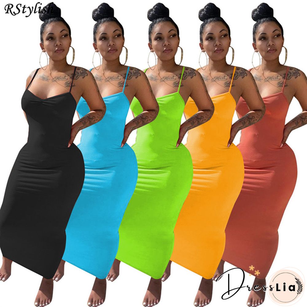 Elegant Women Solid Color Spaghetti Strap Sheath Long Dress
