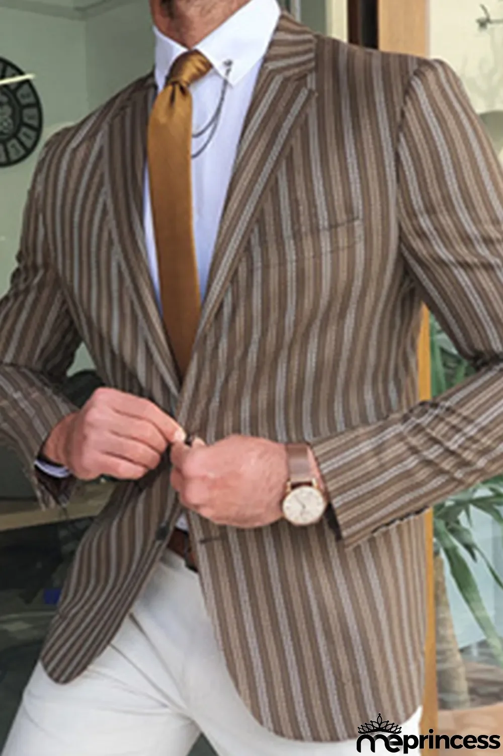 Brown Fashion Striped Split Joint Buttons Turn-back Collar Outerwear