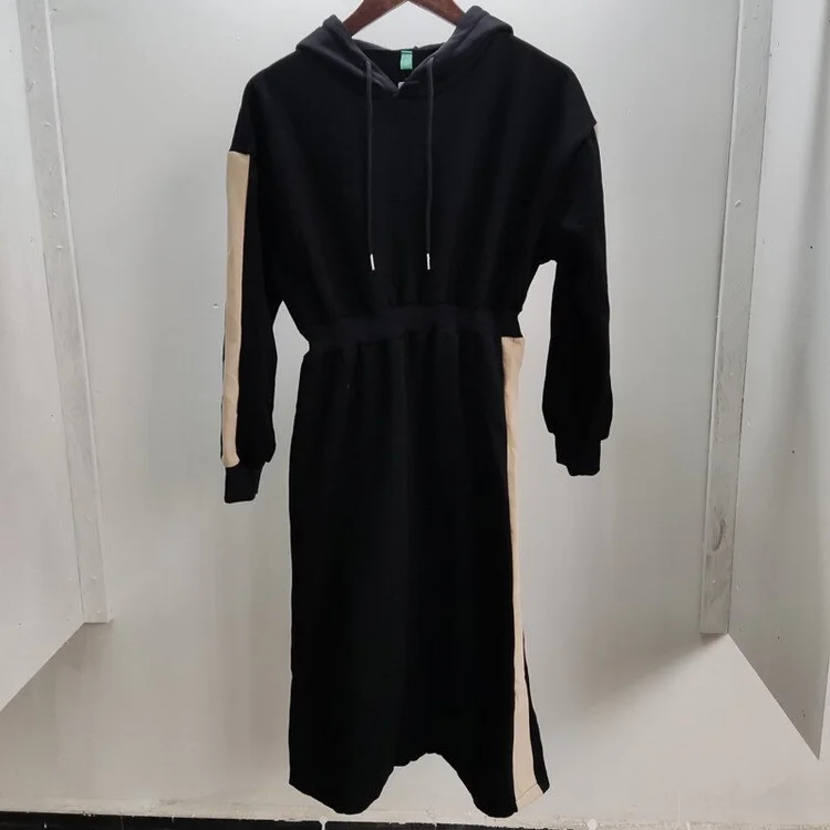 Stylish Hooded Elastic Waist Contrast Color Patchwork Lantern Sleeve Sweatshirt Dress