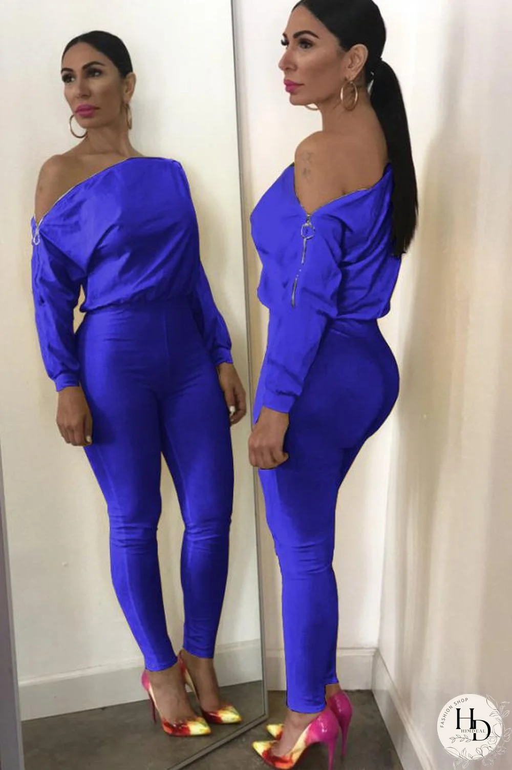Blue Casual zipper Solid Polyester Long Sleeve one word collar Jumpsuits