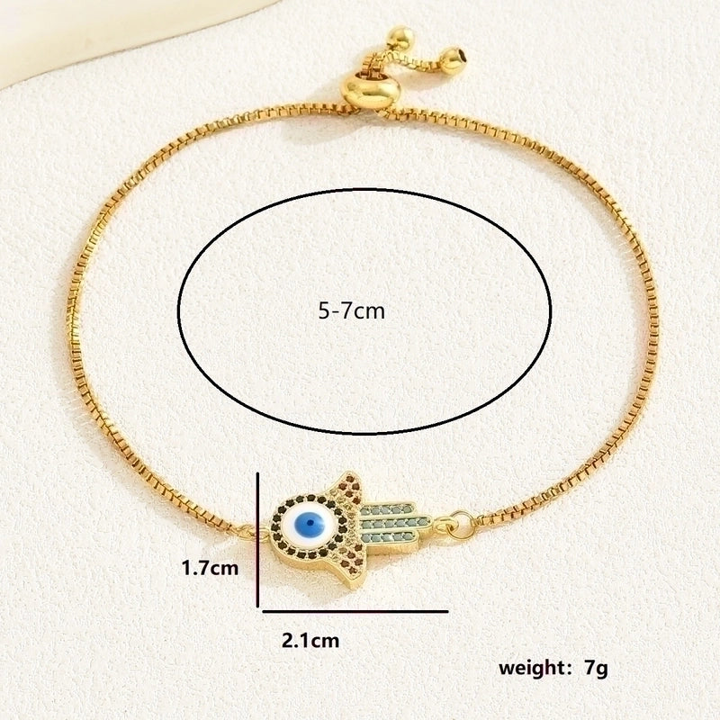 Vacation Sweet Minimalist Devil's Eye Palm Copper Plating Inlay Zircon 18k Gold Plated Bracelets