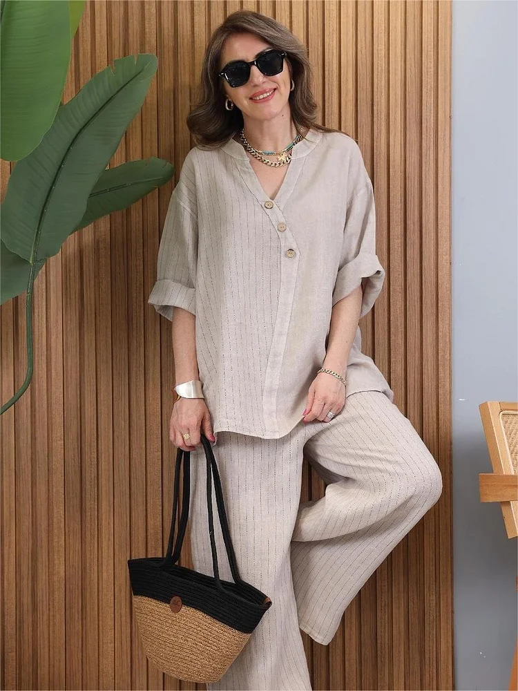 Women's Casual Striped Cotton Linen Set