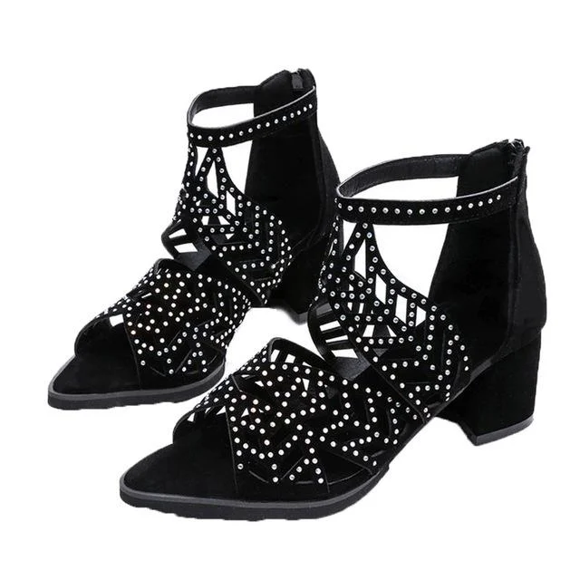 Lourdasprec 2022  New Style Women Summer Hollow Out Faux Leather Rhinestones Thick Heel Zipper Sandals Shoes Eur