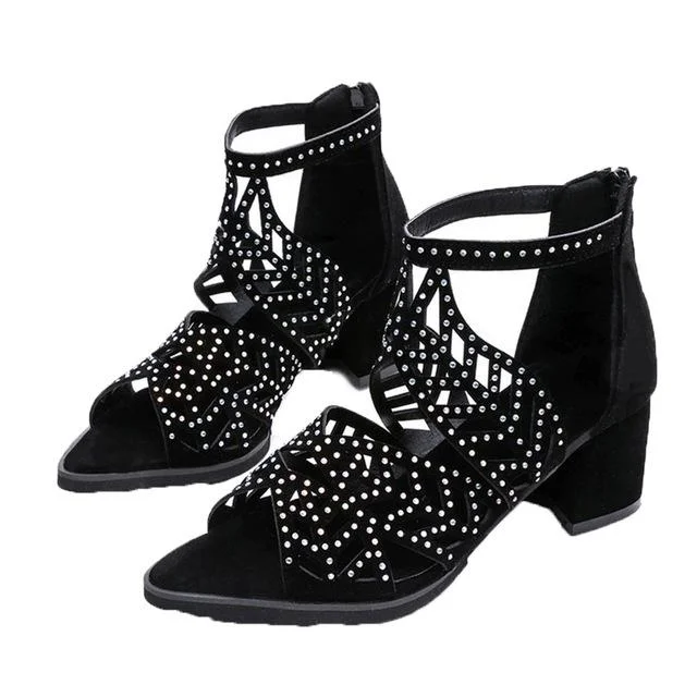 2021 New Style Women Summer Hollow Out Faux Leather Rhinestones Thick Heel Zipper Sandals Shoes Eur