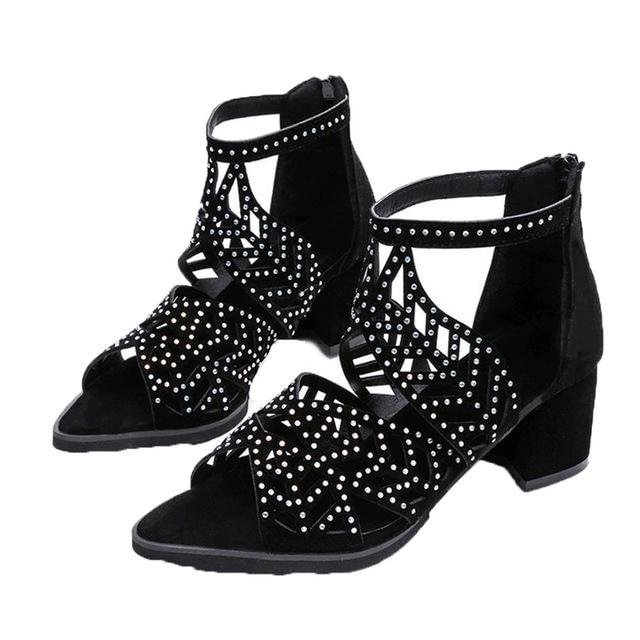 2021 New Style Women Summer Hollow Out Faux Leather Rhinestones Thick Heel Zipper Sandals Shoes Eur