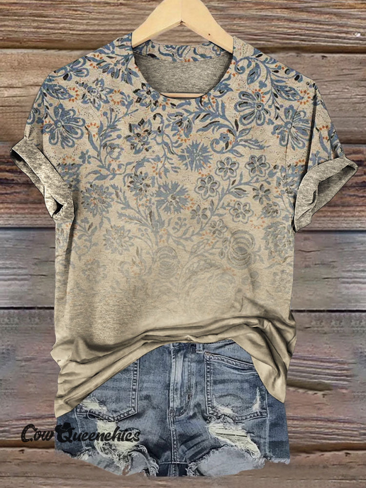 Vintage Floral Gradient Print Casual T-shirt Multicolor / S