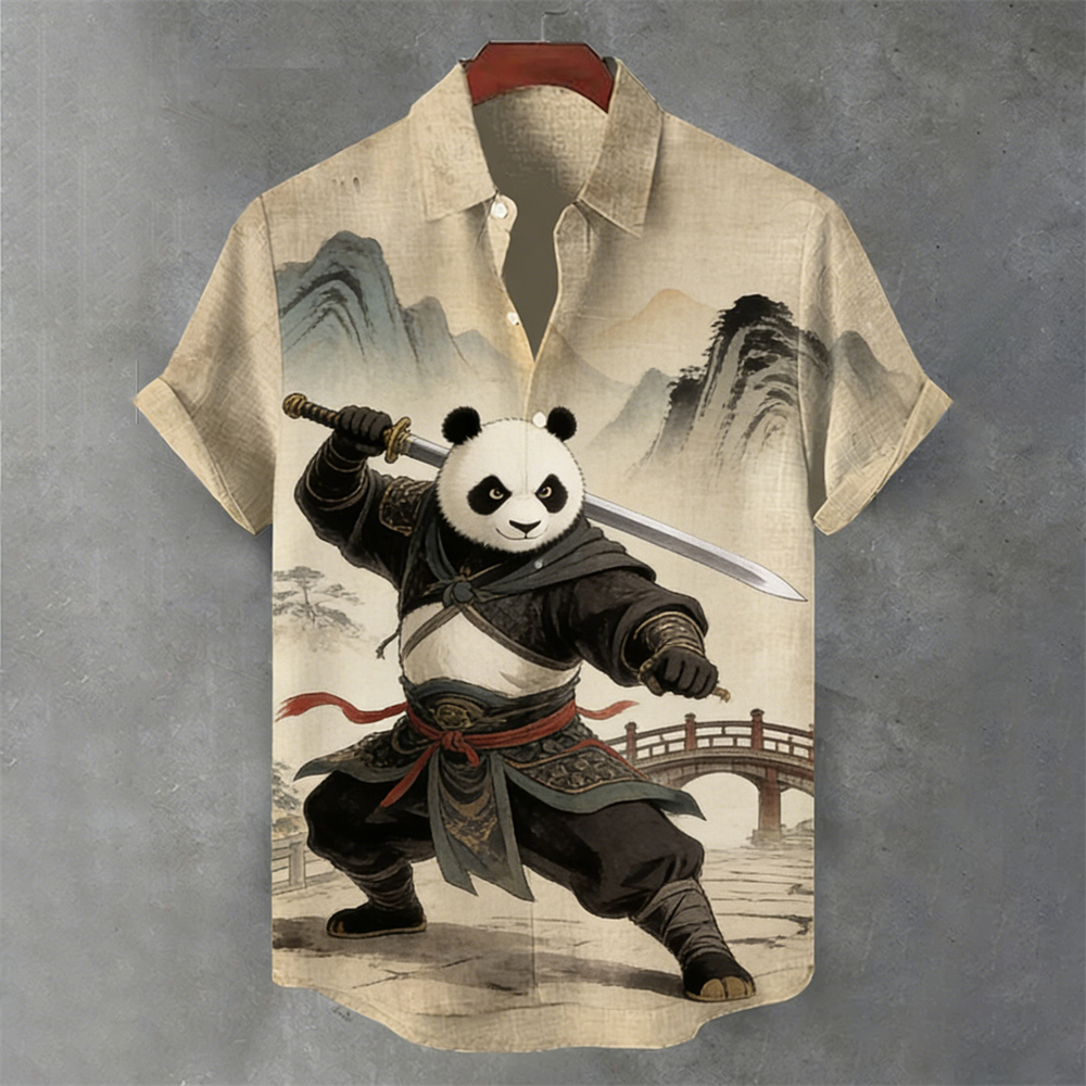 Kung Fu Panda Patterned Vintage Men's Linen Short Sleeve Shirt  artssus