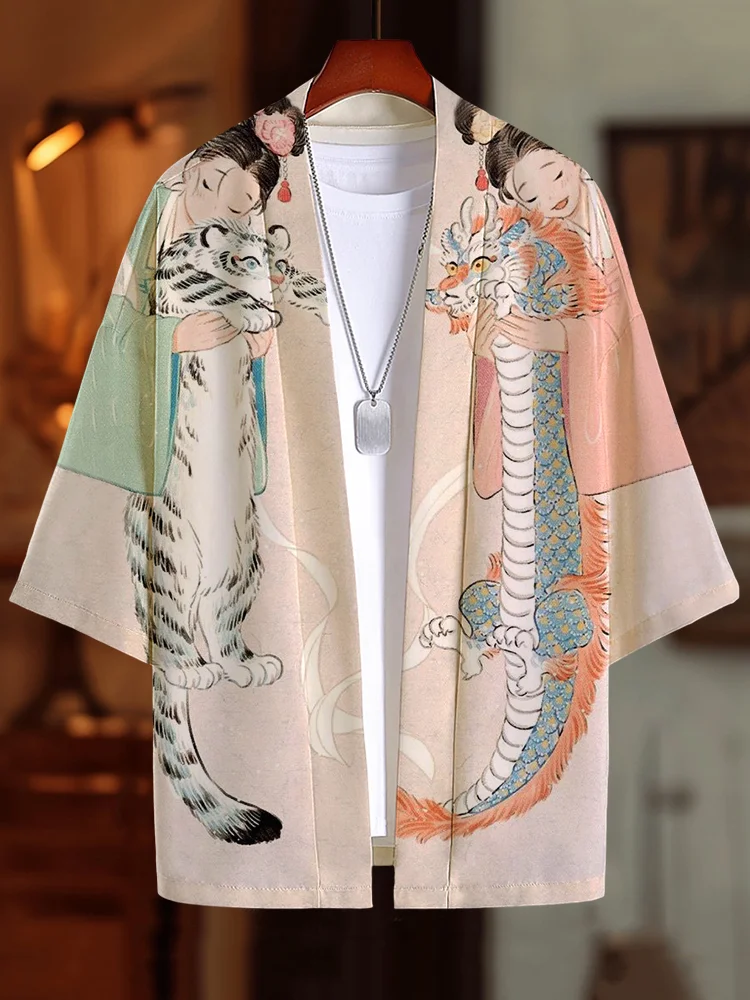 Men's Cute Little Tiger And Dragon Art Print Casual Kimono Cardigan