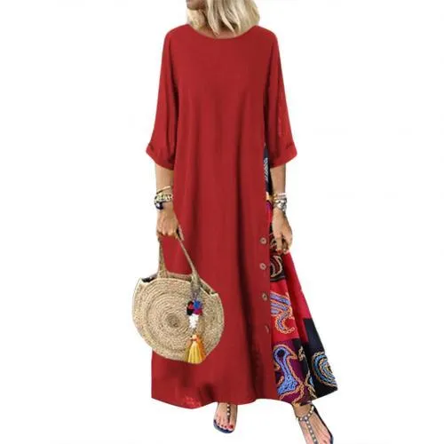 Plus Size Women Vintage O Neck 3/4 Sleeve Side Buttons Printed Loose Long Dress Suitable for party beach work shopping daily