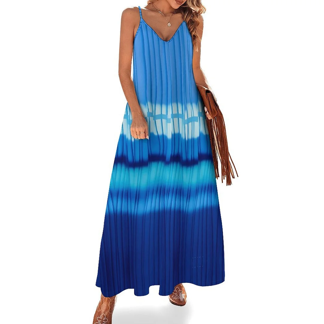 Style & Comfort for Mature Women Plus Size Printed Sling Casual Women Maxi Dress in Pattern Striped, Blue