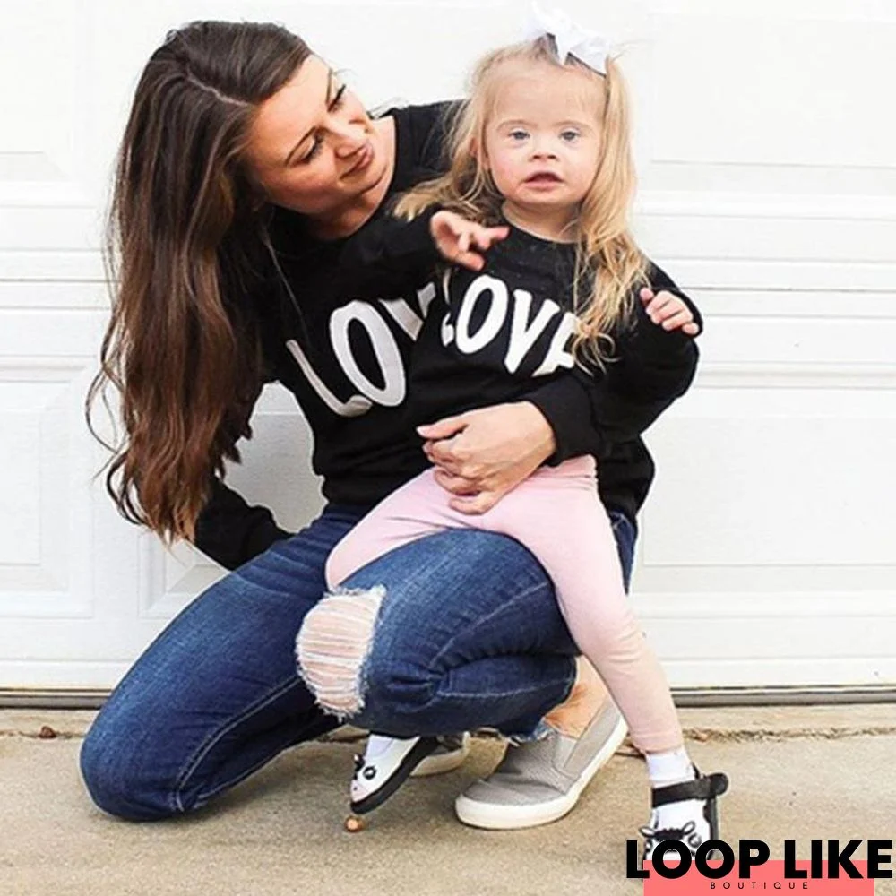 Mommy and Me Round Collar Letter Long Sleeve Matching Tops