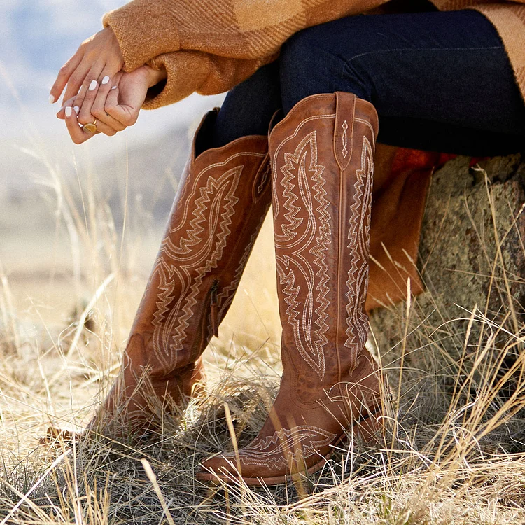 Brown Cowgirl Western Embroidered Knee High Boots