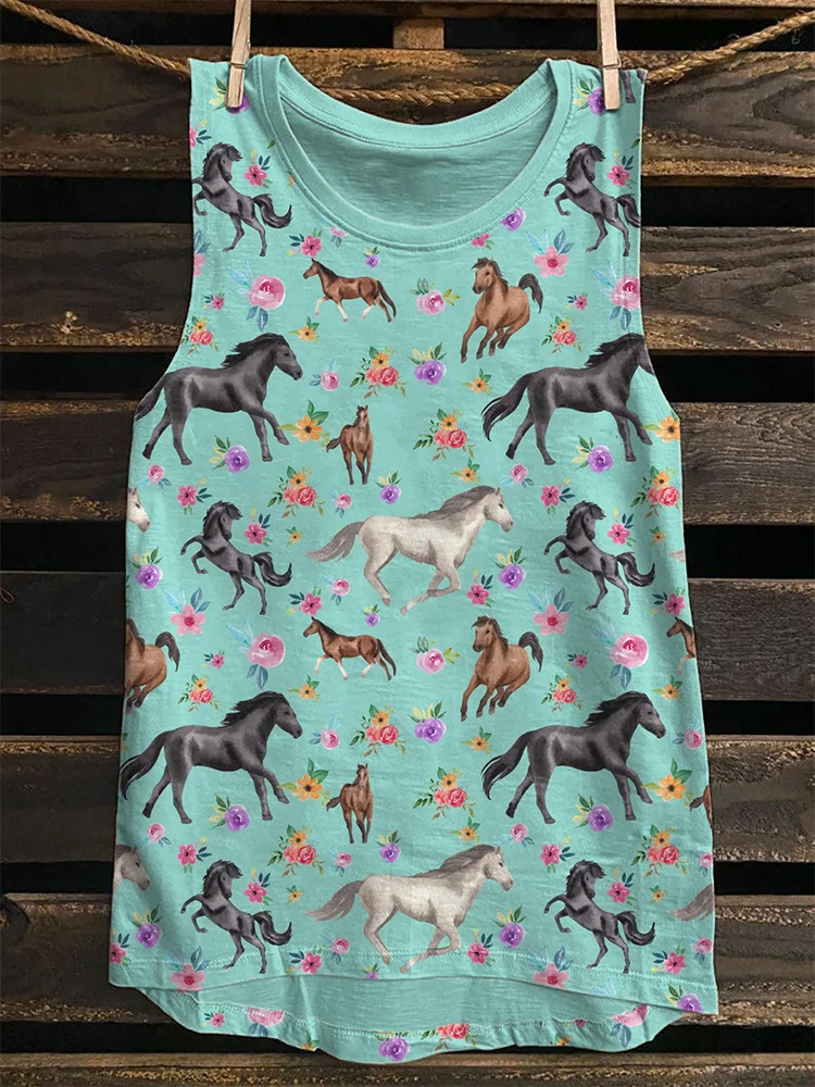 VChics Horses and Flowers Pattern Casual Vintage Tank Top