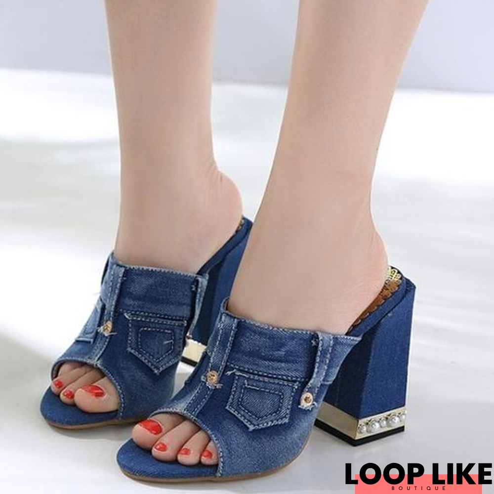 Women Denim Peep Toe Sandals High Heels Thick High Heel Mules Sides Shoes