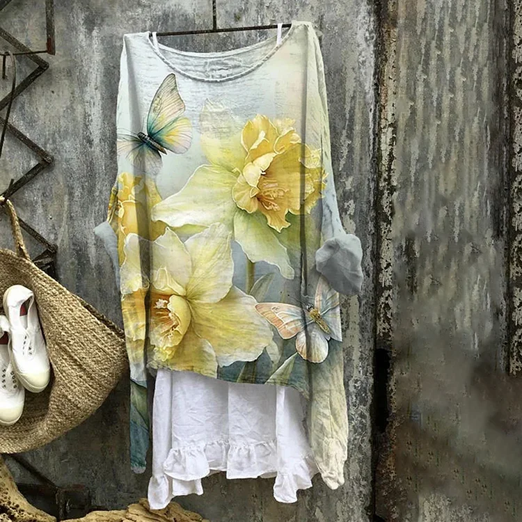 Vintage Narcissus Butterfly Print Linen Blend Shirt