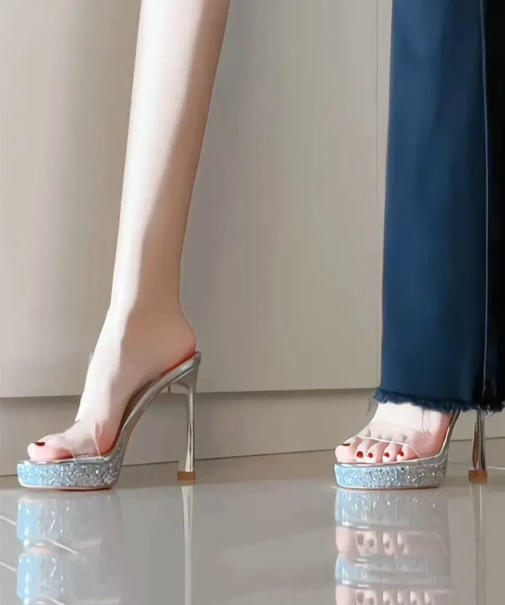 Stylish Silver Splicing Clear High Heel Slippers