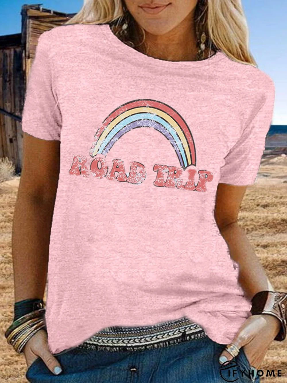 Vintage Short Sleeve Rainbow Letter Printed Plus Size Casual Tops | IFYHOME