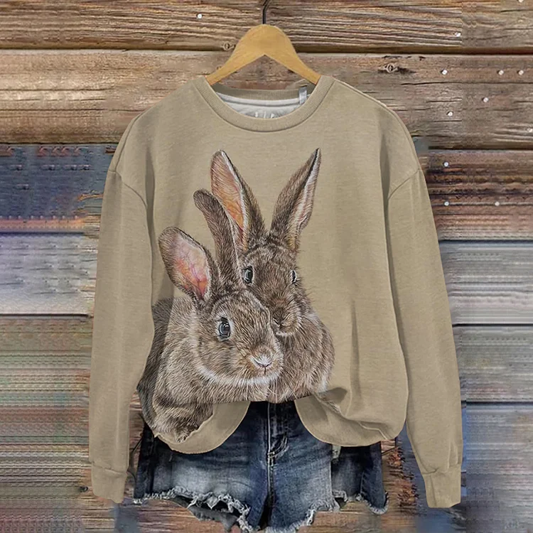 Wearshes Rabbit Print Crew Neck Casual Sweatshirt
