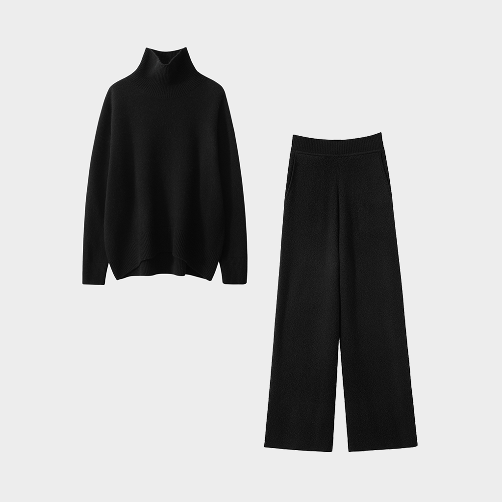 Women's Modern Minimalist Black Cashmere Sweater and Pants Set | Luxurious Pure Cashmere REAL SILK LIFE