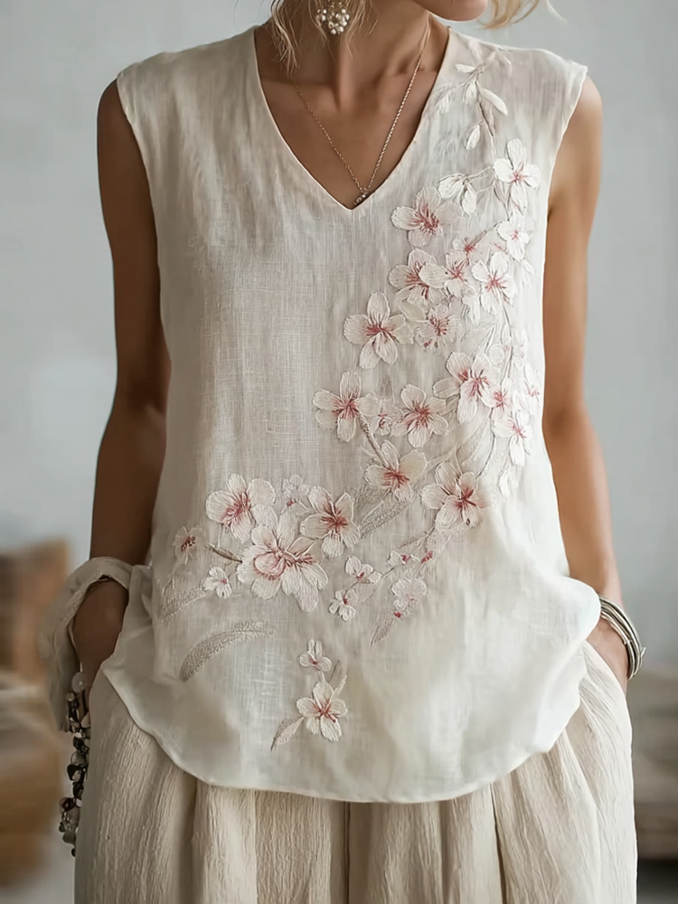 Sakura Embroidery Pattern Casual Cotton Linen Vest elevenforest