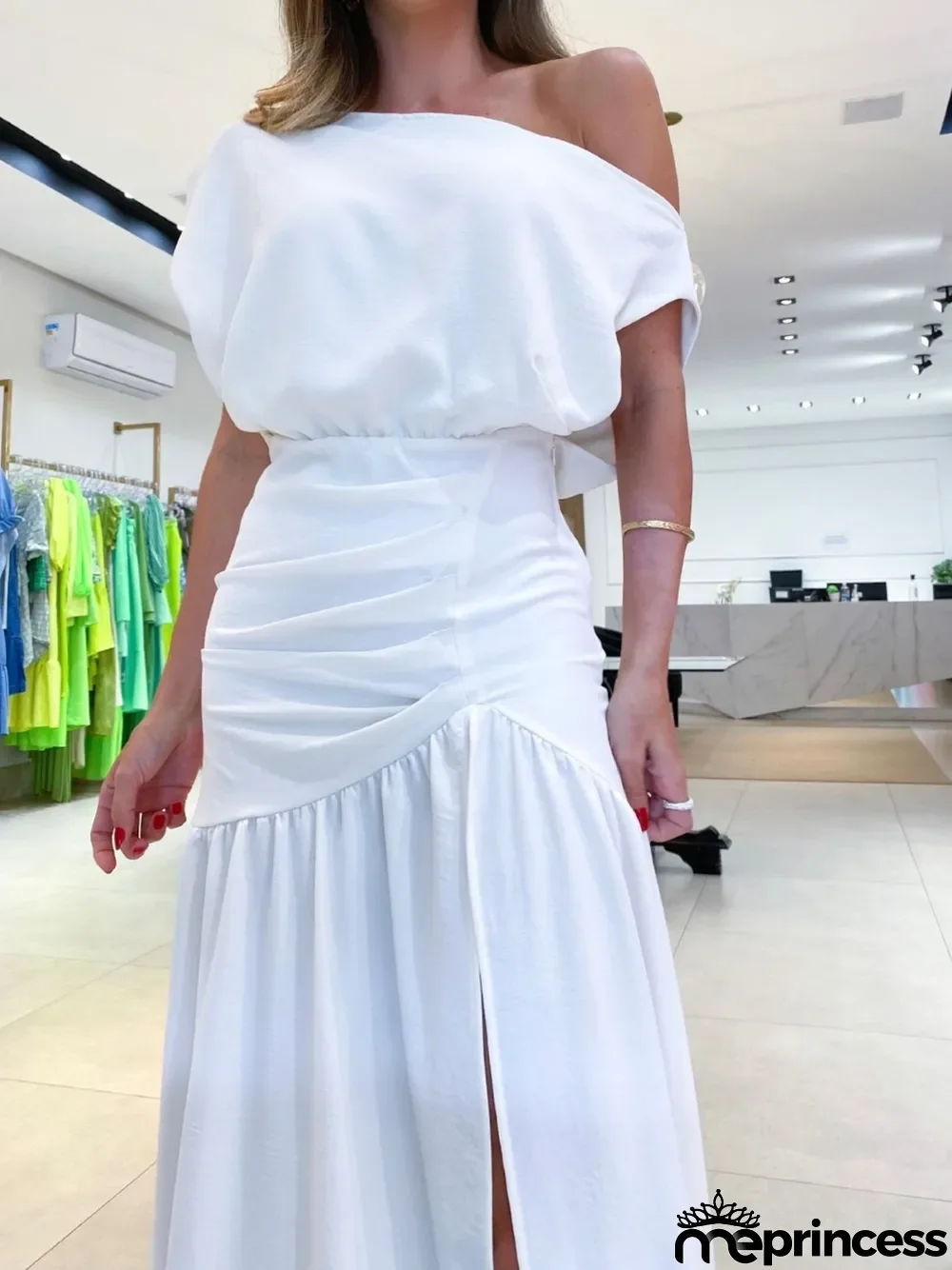 Solid Sexy Slash Shoulder Off-Shoulder Slim Waist Slit Gown Dress