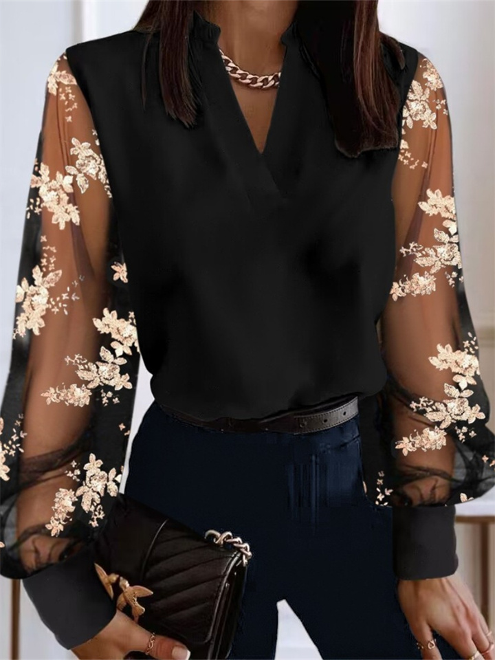 Women's New Fashion V-neck Lace Long-sleeved Shirt Shirt