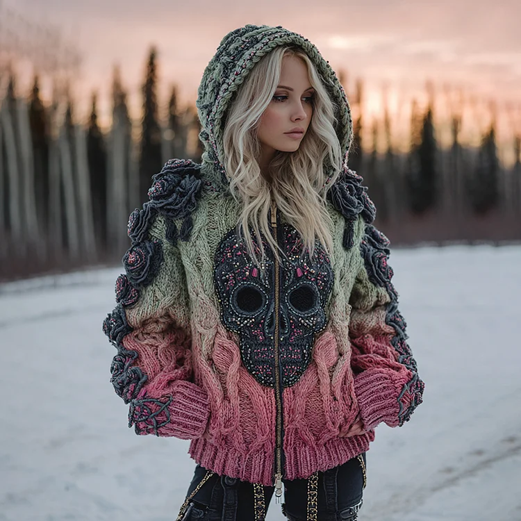 Women's Vintage Celtic Skull Gradient Art Cozy Knitted Hooded Cardigan