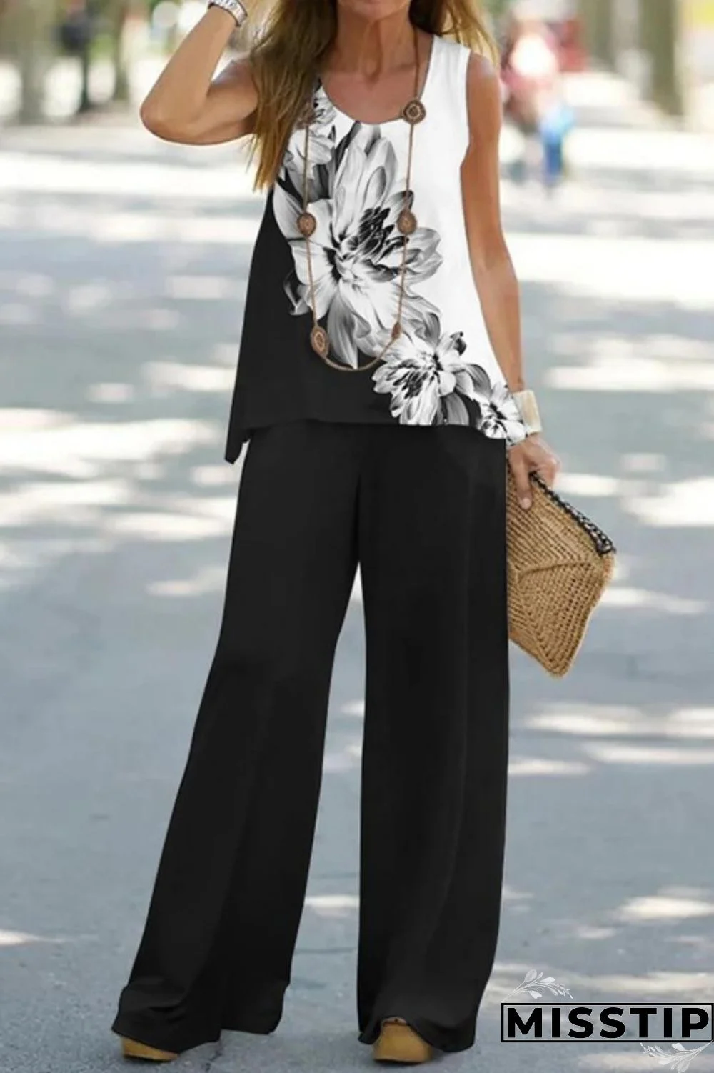 Matte Black Casual Print Basic O Neck Sleeveless Two Pieces