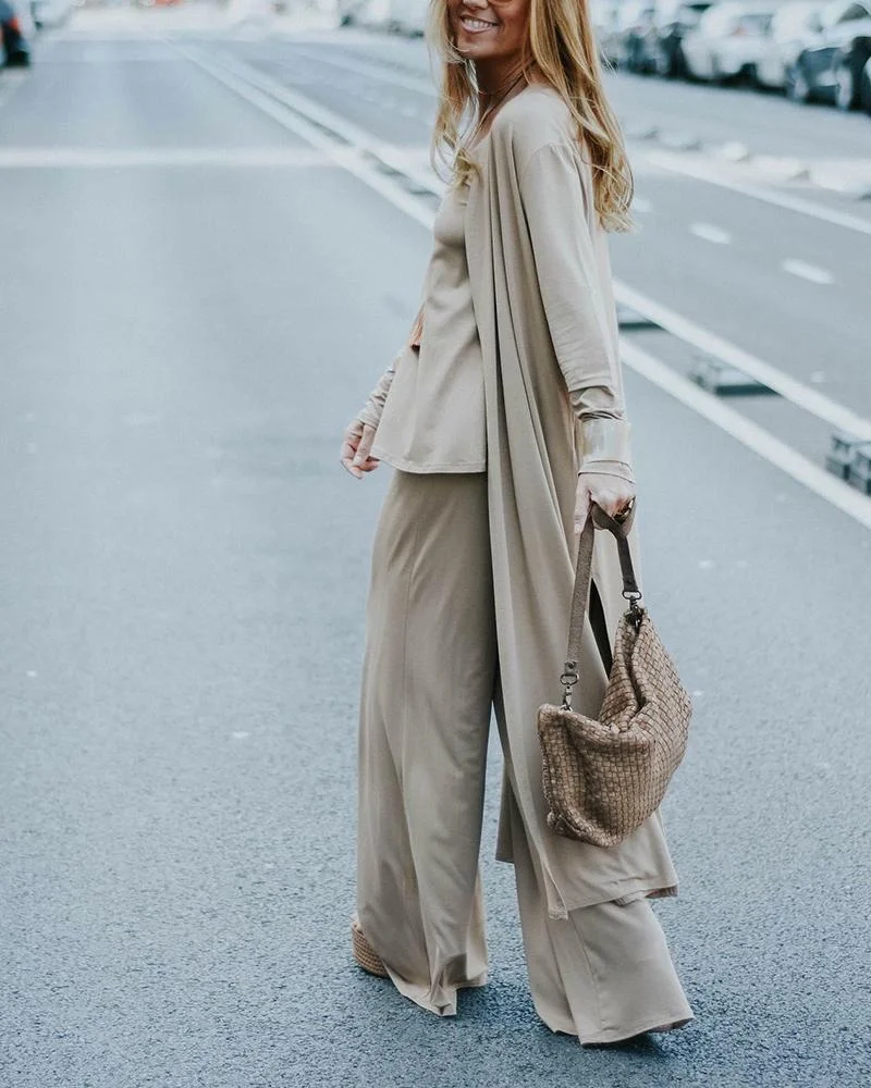 Solid Color Cardigan & V-Neck Sling Top & Casual Trousers Three Piece Set