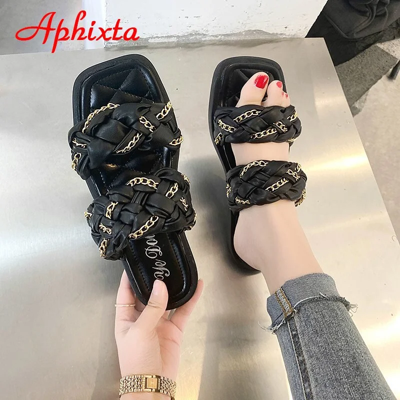 Aphixta Flat Heel Weave Chain Flip Flops Women Beach Cross Summer Cool Slippers Fashion Peep Toe Women Mules Slides