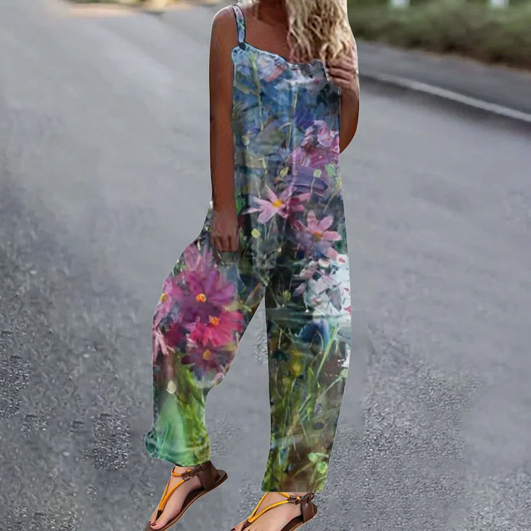 Casual Floral Print Jumpsuit Wide-leg Pants