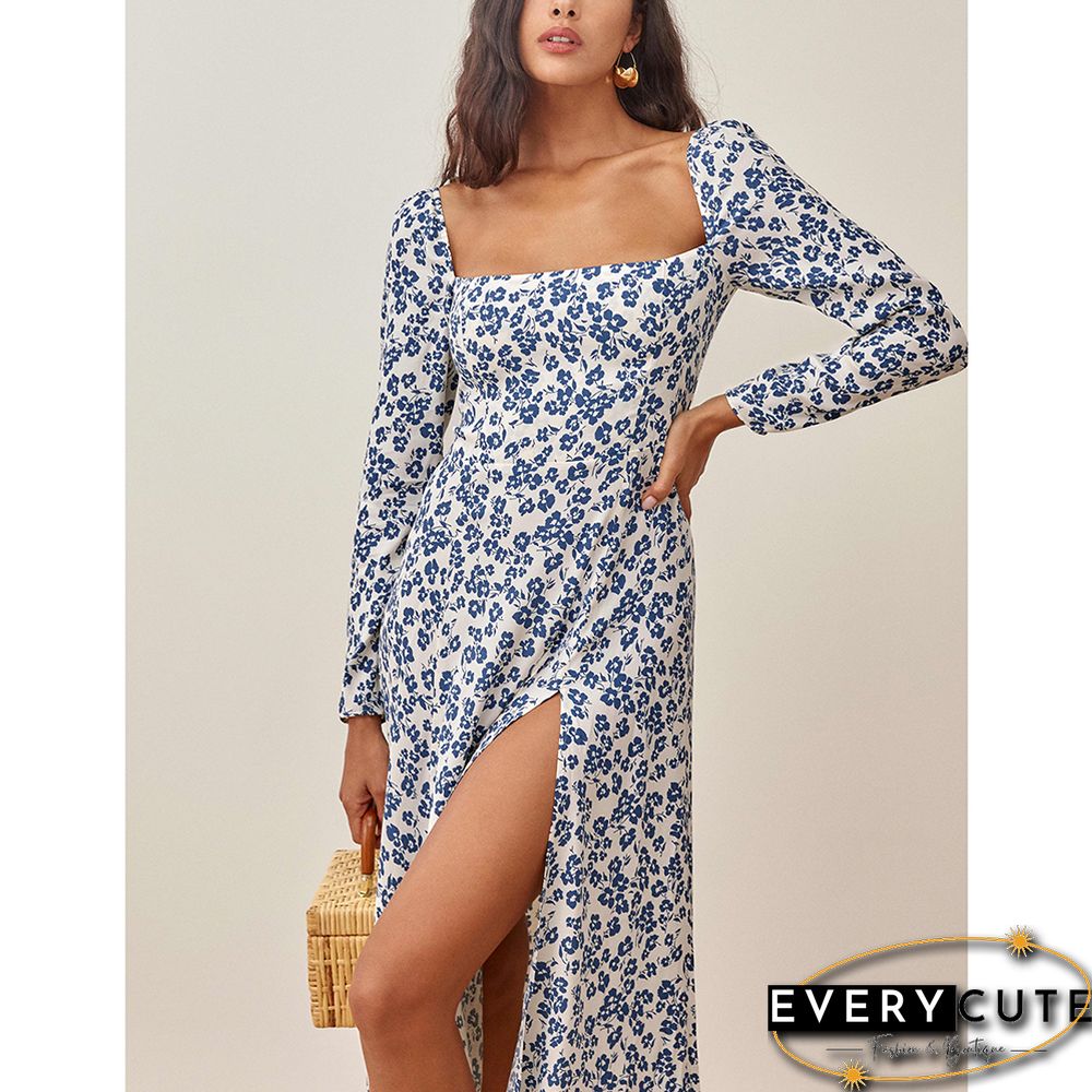 Light Blue Square Neck Digital Print Slit Floral Dress