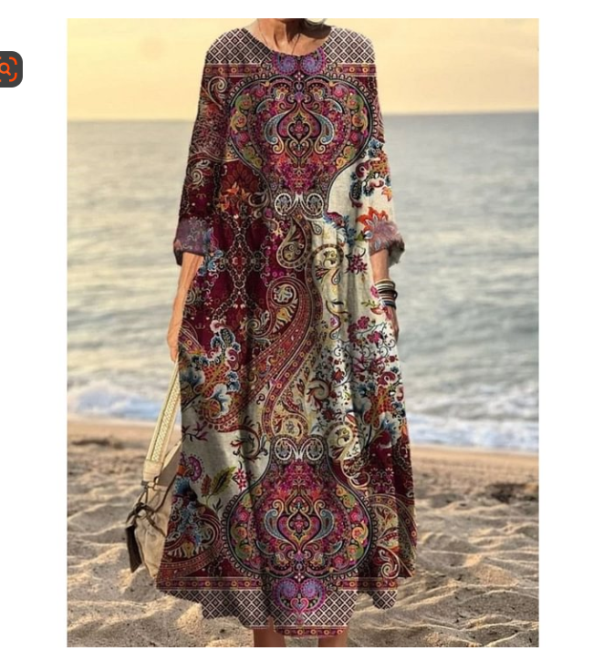 Women's Vintage Floral Art Print Pocket Cotton Dress