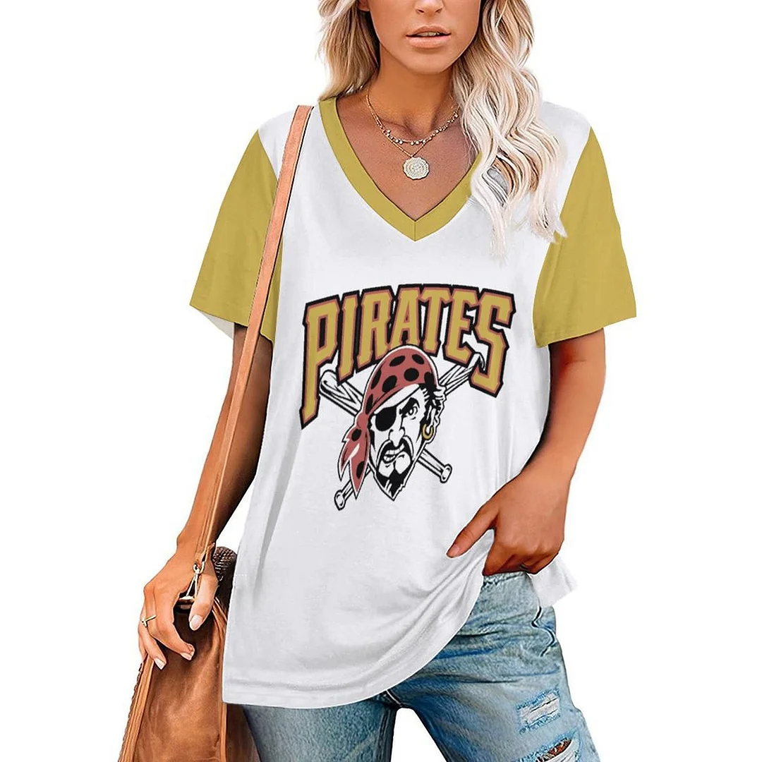 V-neck Short Sleeve Casual T-shirt for  Women Printed with Pattern,Yellow,White,Black