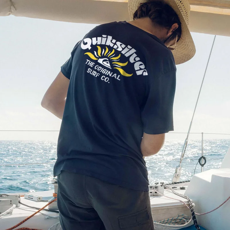 Men's Surf T-Shirt Retro Quiksilver Print Beach Vacation Casual Tee Navy Blue、、URBENIE
