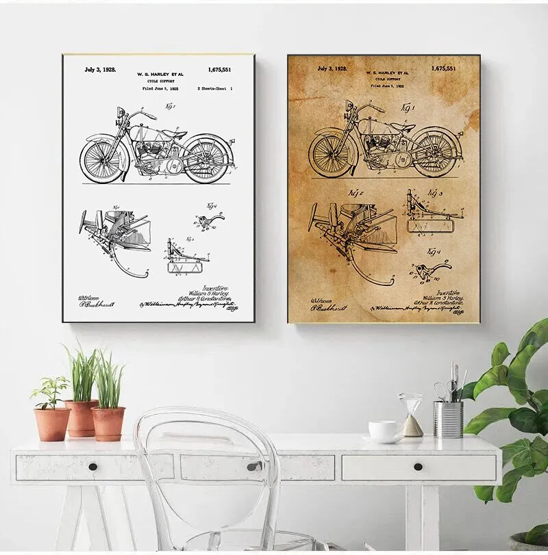 Motorcycle Patent Vintage Blueprint  Prints Motorcycle Artwork Science Wall Art Canvas Painting Gift Home Room Decor