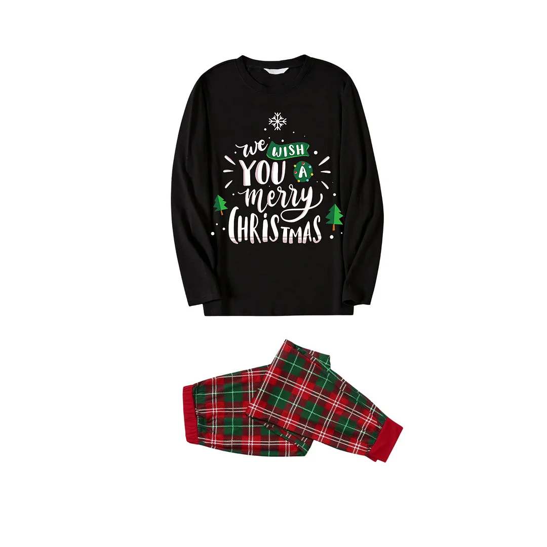 "We Wish You a Merry Christmas" With Pine Trees Pattern - Black Top with Red & Green Plaid Pants Family Matching Pajama