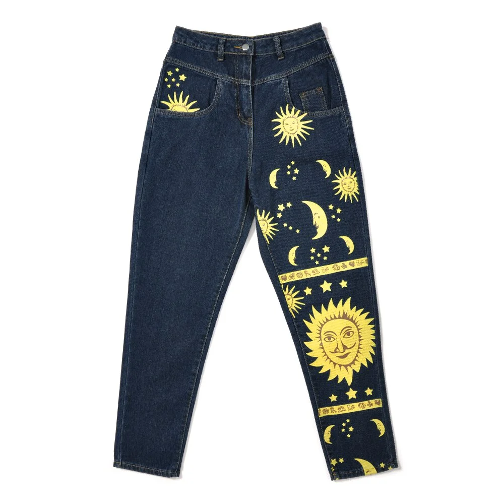 Women's High waist Pant jeans Female Summer women‘s Jeans Trousers Girls Denim Chic Fashion Moon Star Sun Print Pants Women