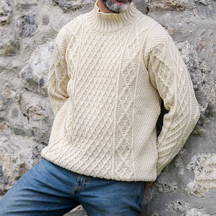 Mens Merino High Collar Aran Sweater
