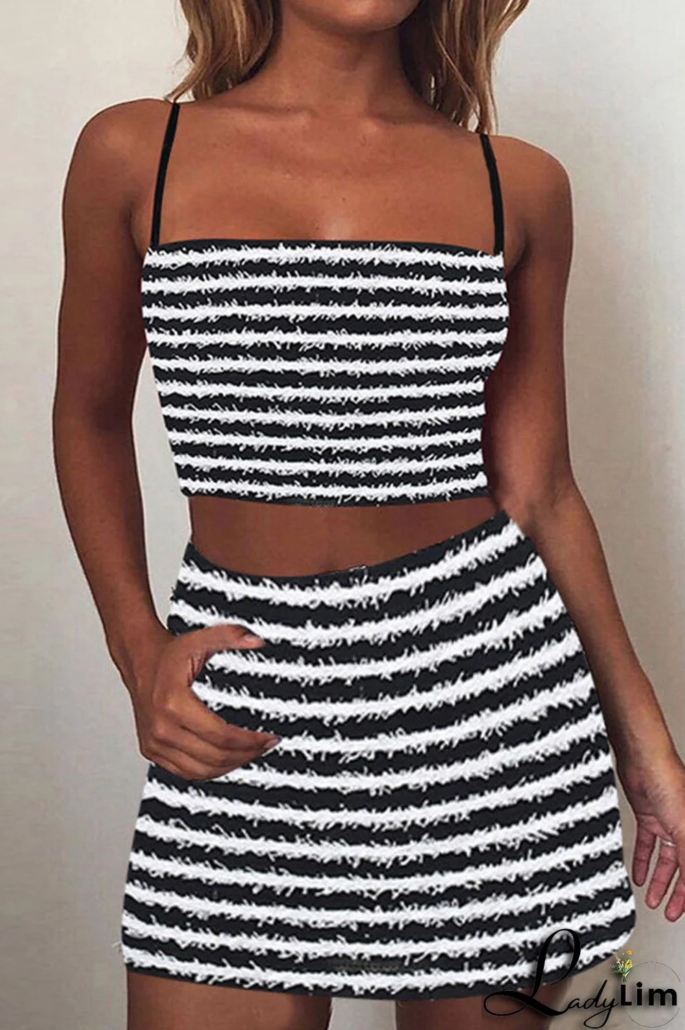 Red Sexy Street Striped Printing Spaghetti Strap Sleeveless Two Pieces
