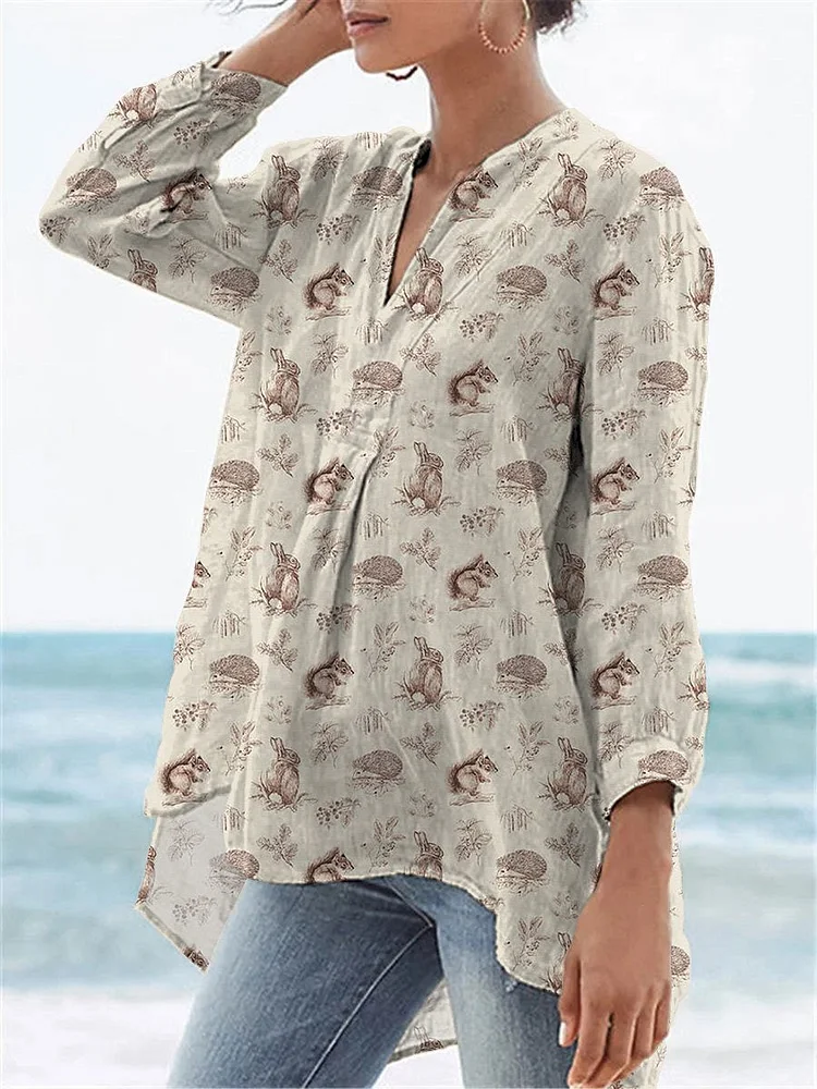 Small Woodland Wildlife Pattern Printed Women's Casual Linen V-Neck Shirt