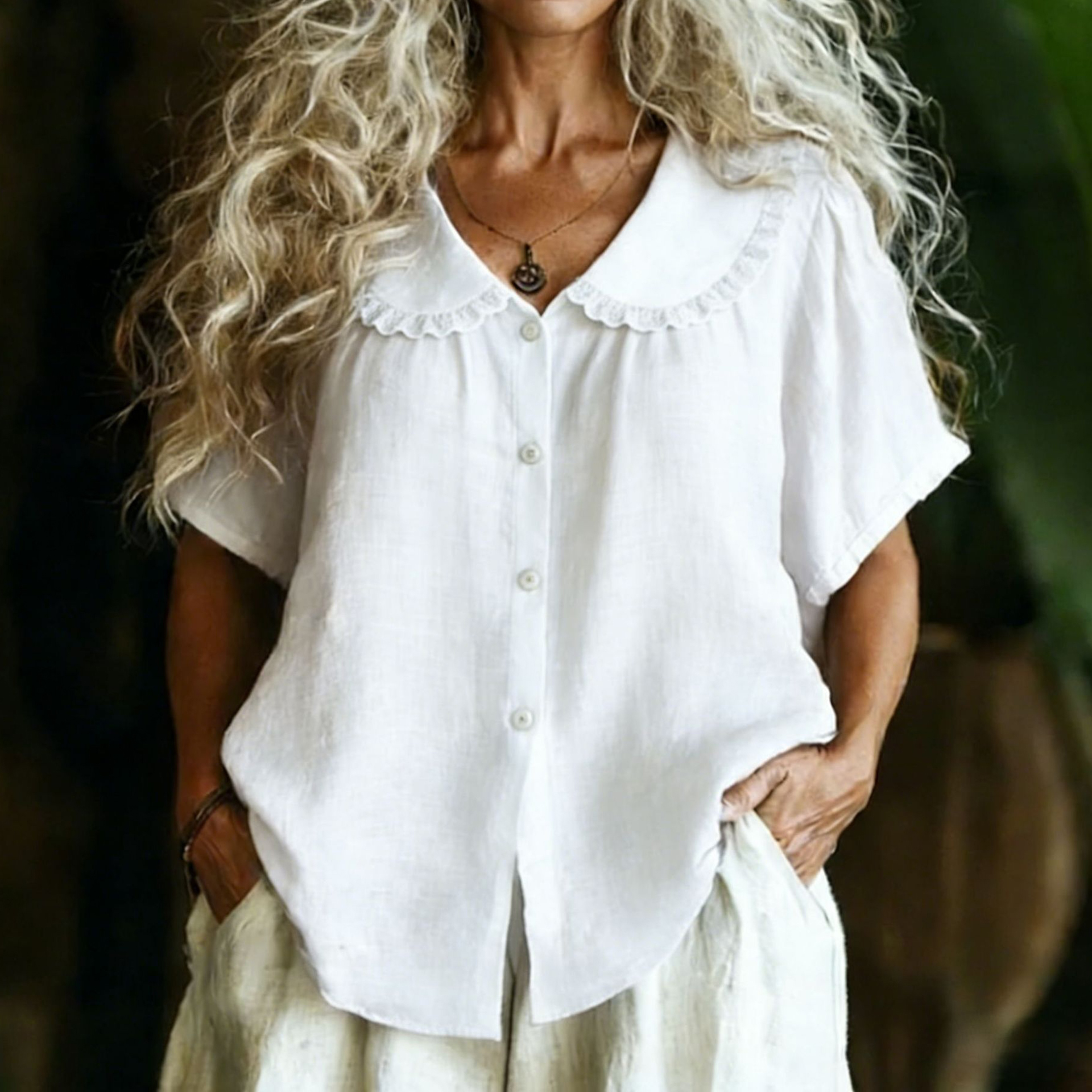 Women's Retro Solid Color Short Sleeve Linen Blend Shirt elevenforest