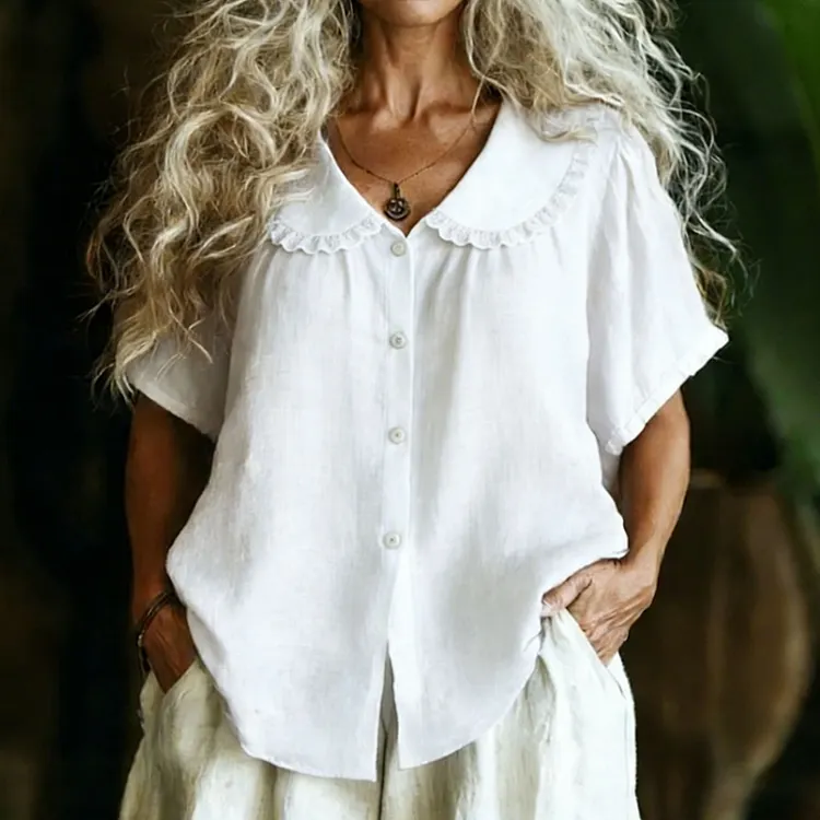 Women's Retro Solid Color Short Sleeve Linen Blend Shirt
