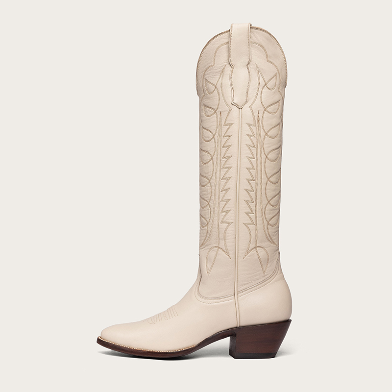 FSJ Beige Pointed Toe Block Heel Embroidered Mid-Calf Cowgirl Boots