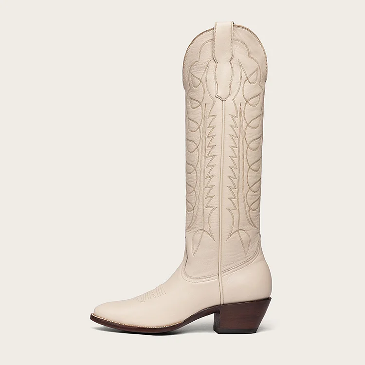 FSJ Beige Pointed Toe Block Heel Embroidered Mid-Calf Cowgirl Boots |FSJ Shoes