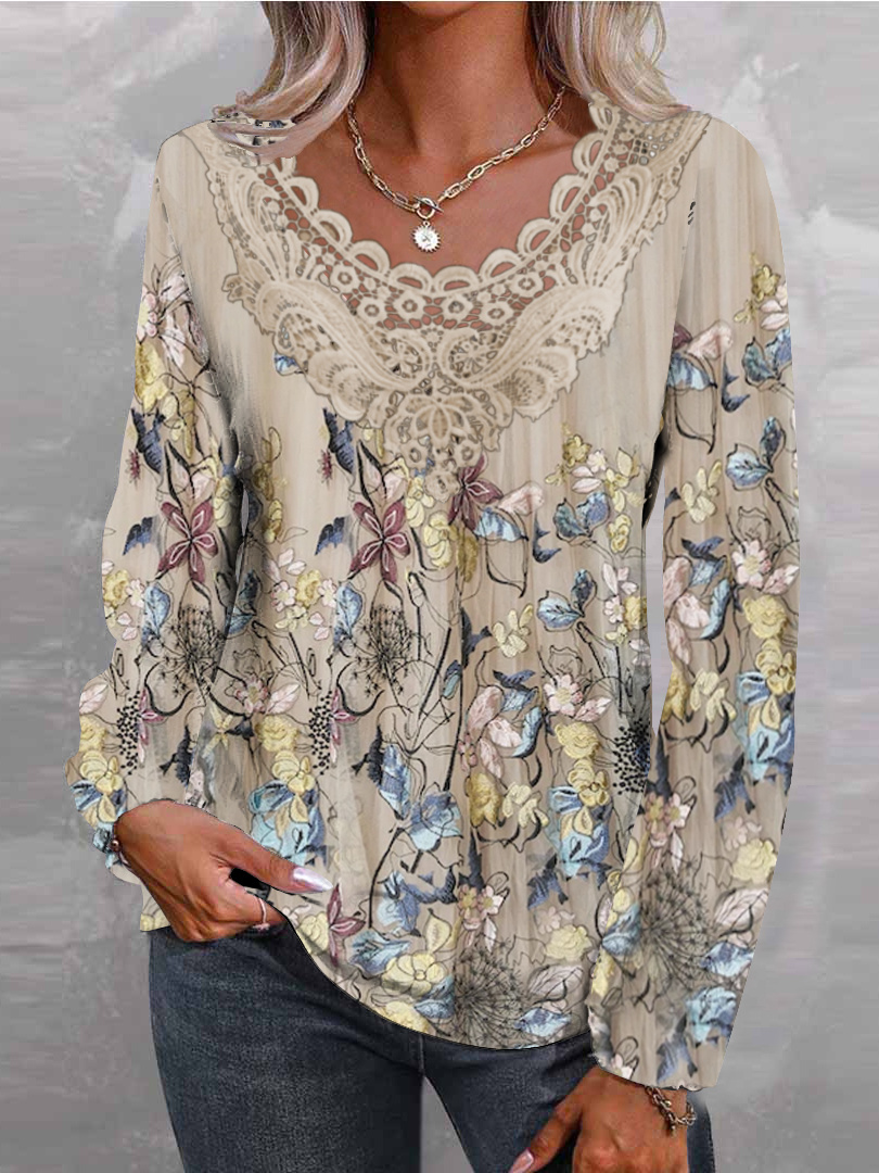 Women Long Sleeve V-neck Graphic Floral Printed Top