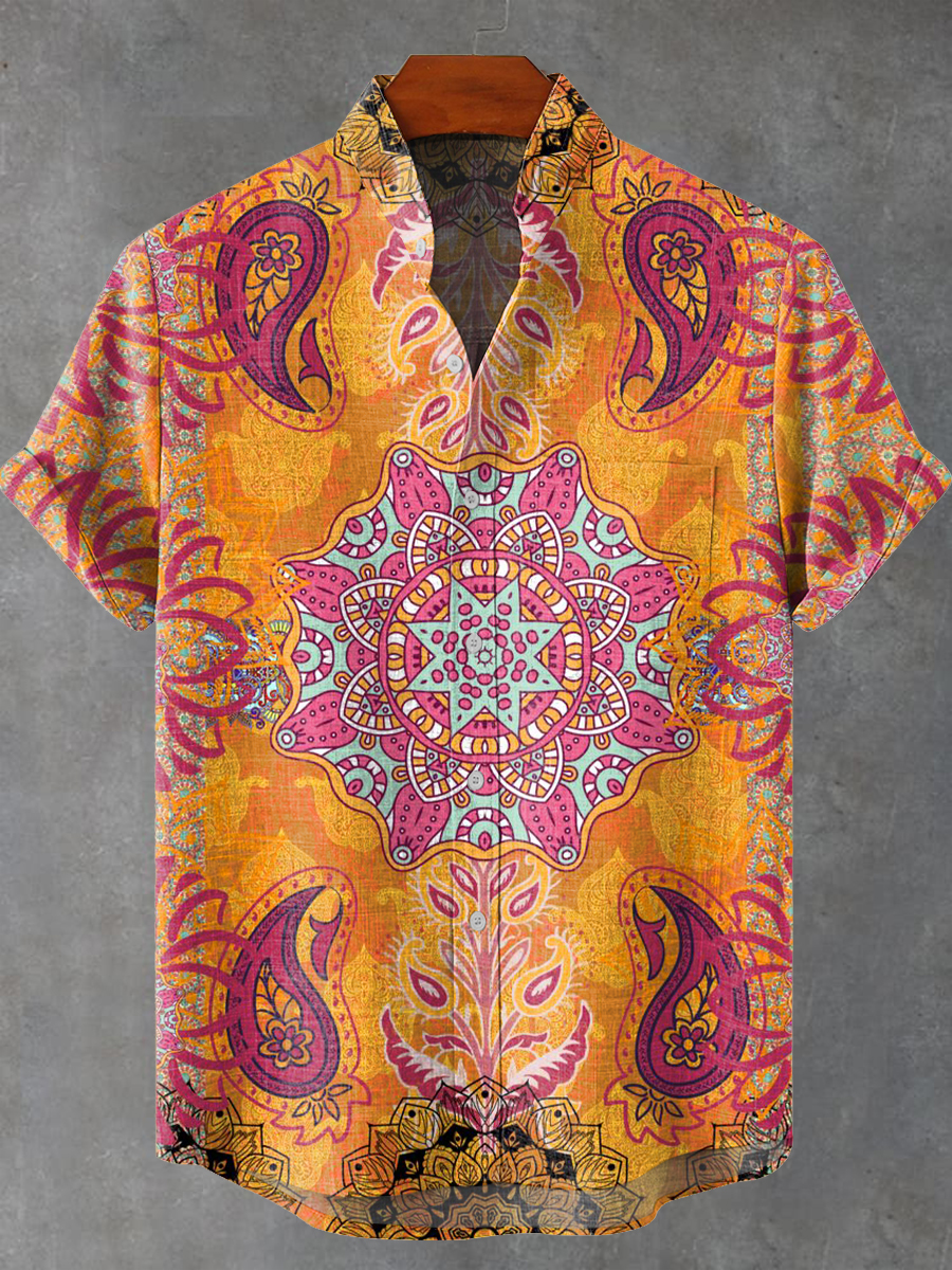 Vintage Ethnic Paisley Pattern Print Casual 100% Cotton Shirt