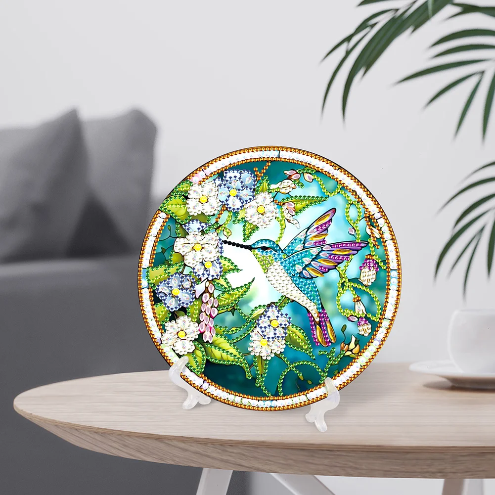 DIY Stained Glass Hummingbird Diamond Painting Wooden Single Side Crystal Painting Desktop Kit for Home Office Decor