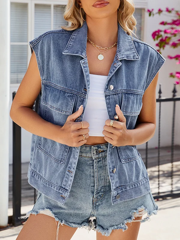 Buttoned Pockets Loose Sleeveless Lapel Vest Outerwear